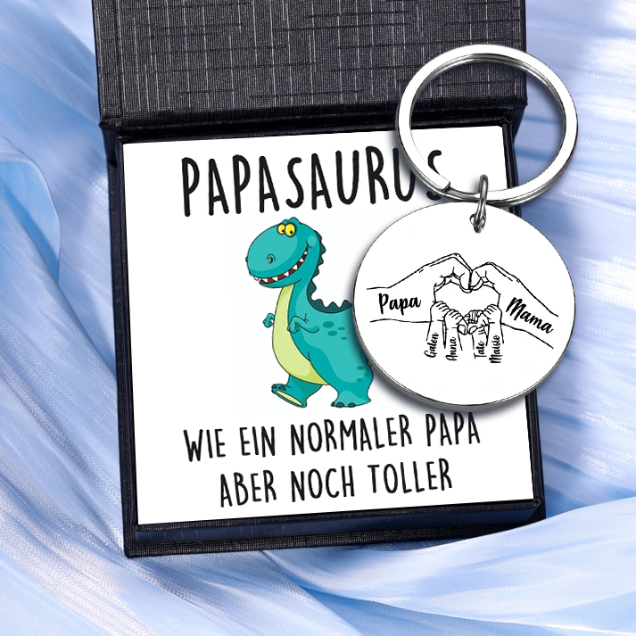 Personalisierbares Foto & 1-5 Namen Rund Metall-Hand in Hand-Schlüsselanhänger für PAPA und MAMA
