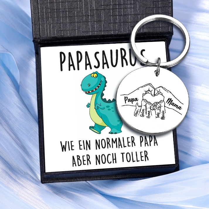 Personalisierbares Foto & 1-5 Namen Rund Metall-Hand in Hand-Schlüsselanhänger für PAPA und MAMA