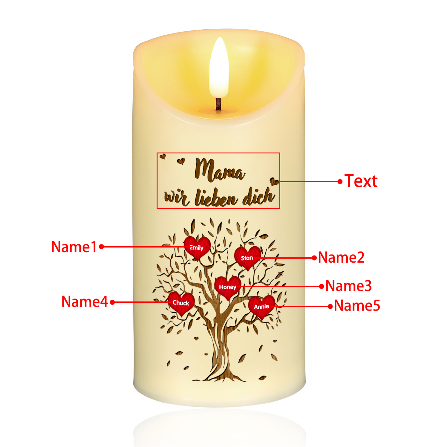 Personalisierbare LED-Kerze Baum mit 5 Namen & Text - Mama wir lieben dich