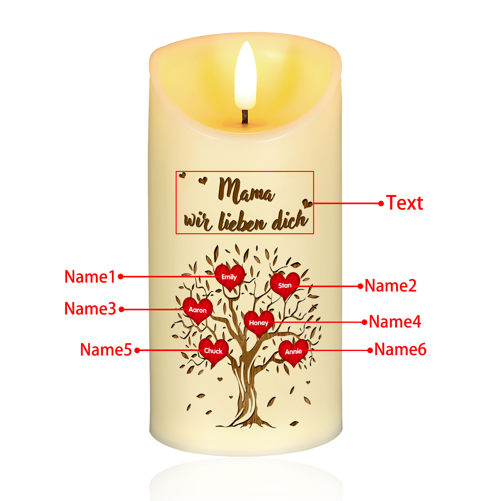 Personalisierbare LED-Kerze Baum mit 6 Namen & Text - Mama wir lieben dich