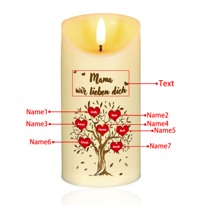 Personalisierbare LED-Kerze Baum mit 7 Namen & Text - Mama wir lieben dich