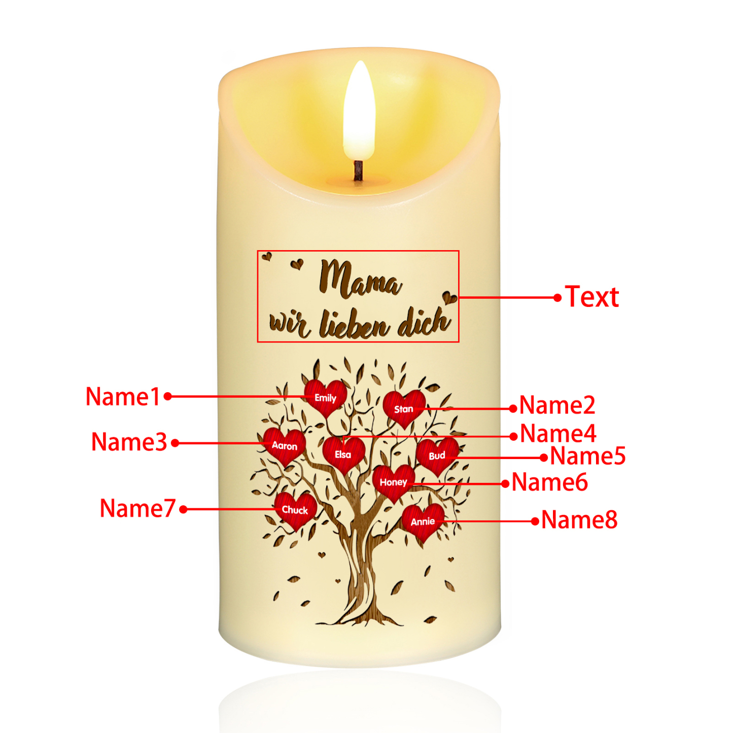 Personalisierbare LED-Kerze Baum mit 8 Namen & Text - Mama wir lieben dich