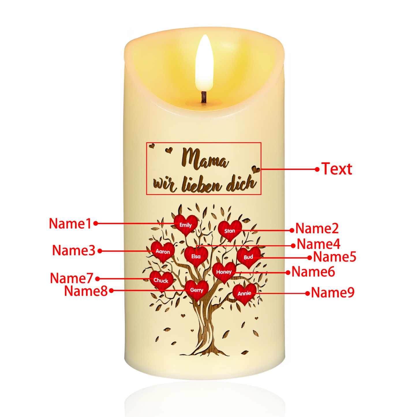 Personalisierbare LED-Kerze Baum mit 9 Namen & Text - Mama wir lieben dich
