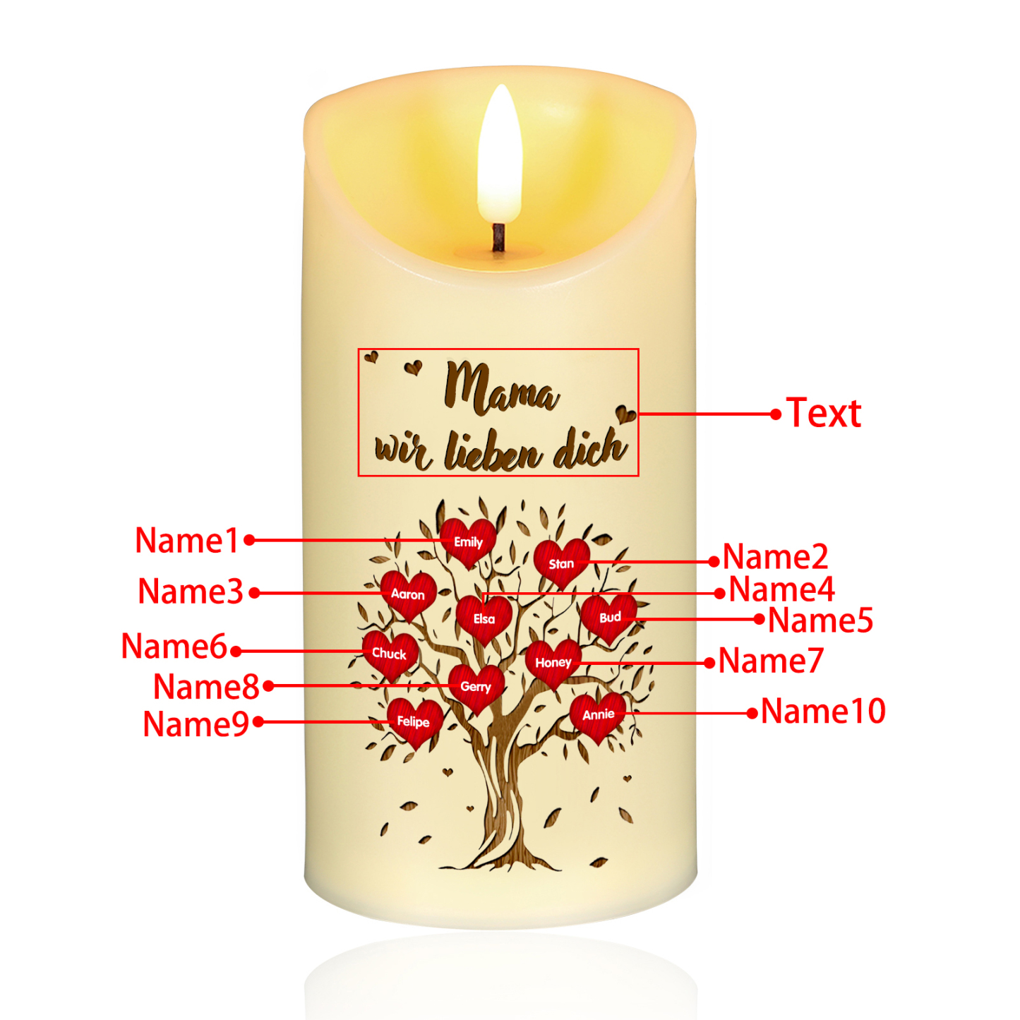 Personalisierbare LED-Kerze Baum mit 10 Namen & Text - Mama wir lieben dich