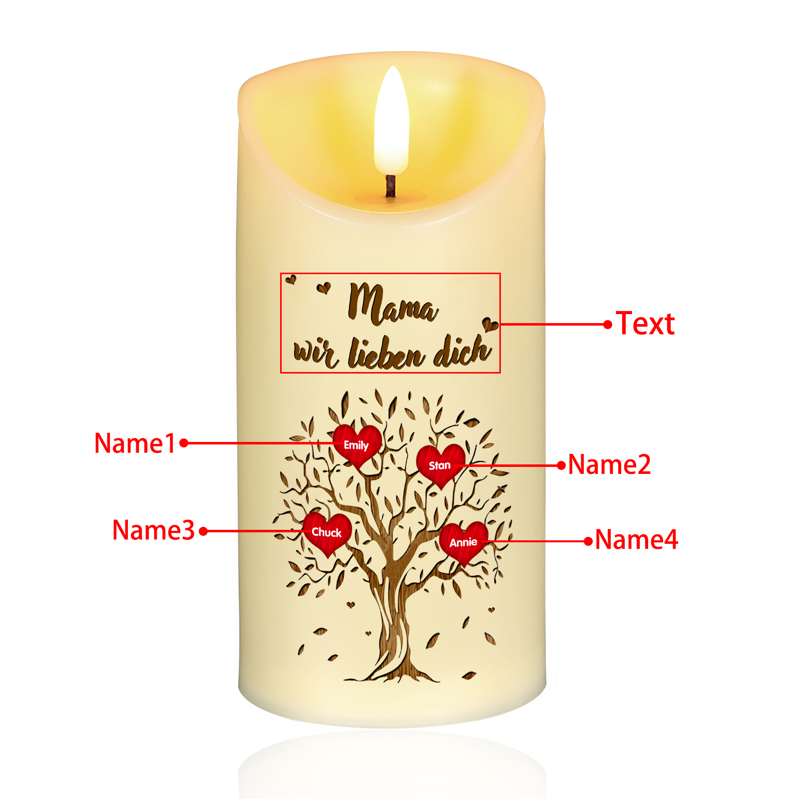 Personalisierbare LED-Kerze Baum mit 4 Namen & Text - Mama wir lieben dich