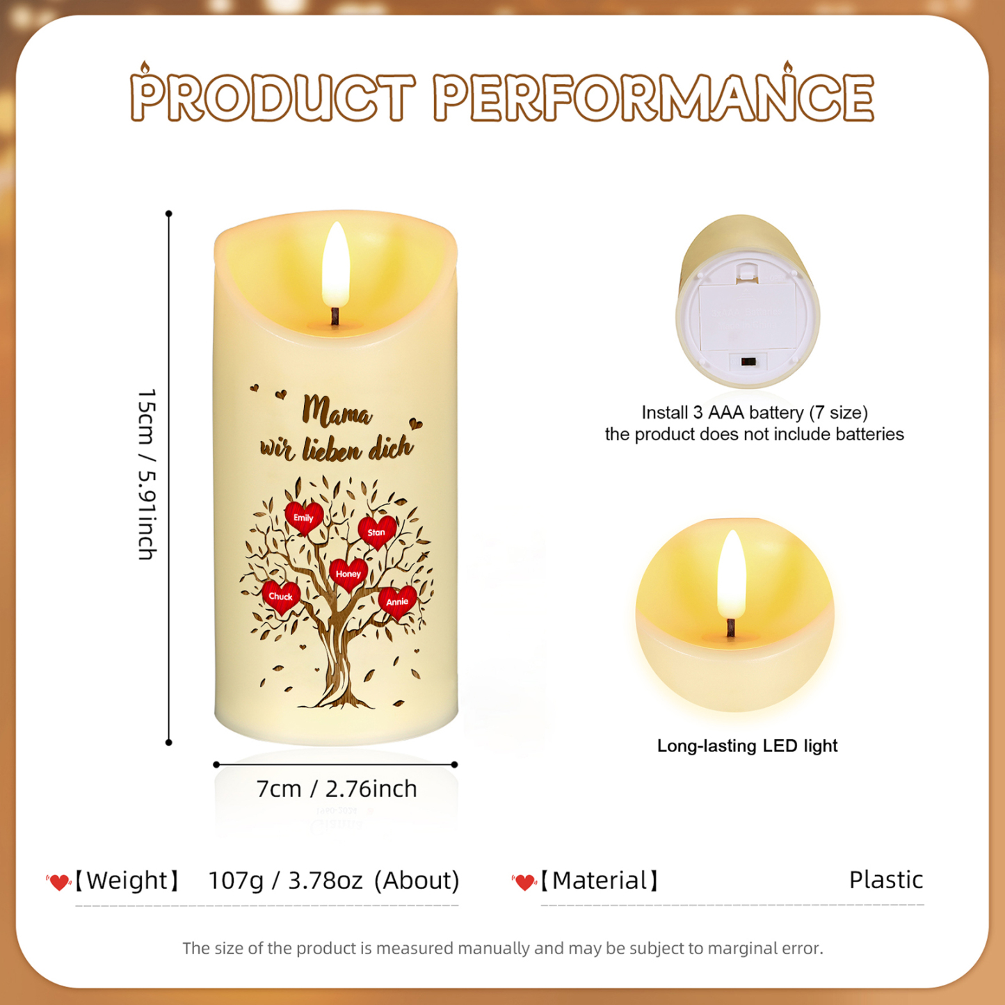 Personalisierbare LED-Kerze Baum mit 5 Namen & Text - Mama wir lieben dich