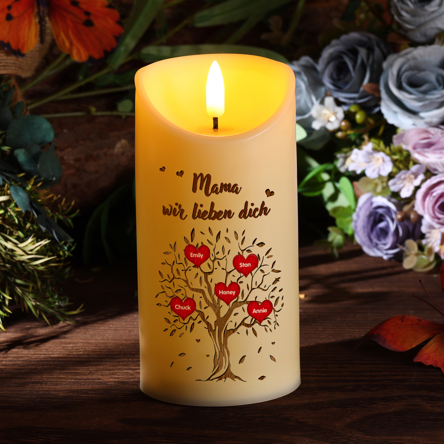 Personalisierbare LED-Kerze Baum mit 5 Namen & Text - Mama wir lieben dich