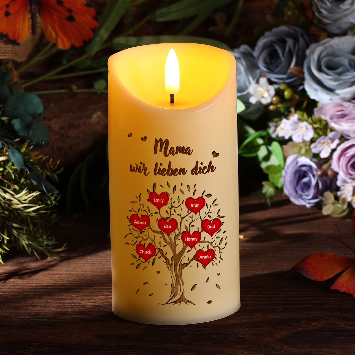 Personalisierbare LED-Kerze Baum mit 8 Namen & Text - Mama wir lieben dich