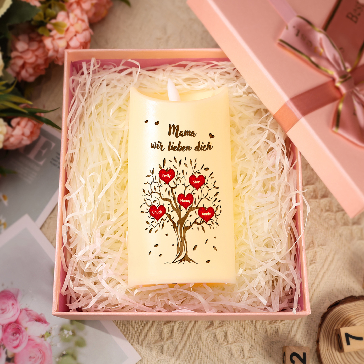 Personalisierbare LED-Kerze Baum mit 5 Namen & Text - Mama wir lieben dich