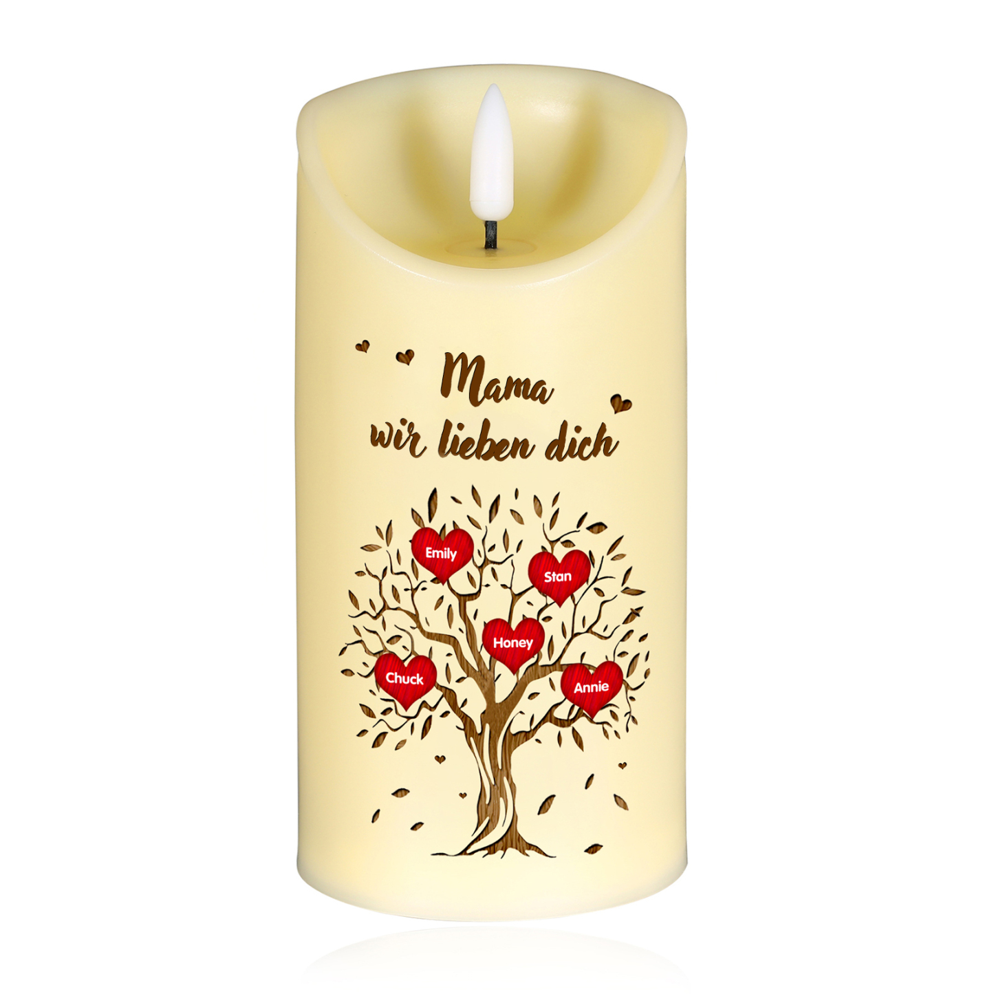 Personalisierbare LED-Kerze Baum mit 5 Namen & Text - Mama wir lieben dich