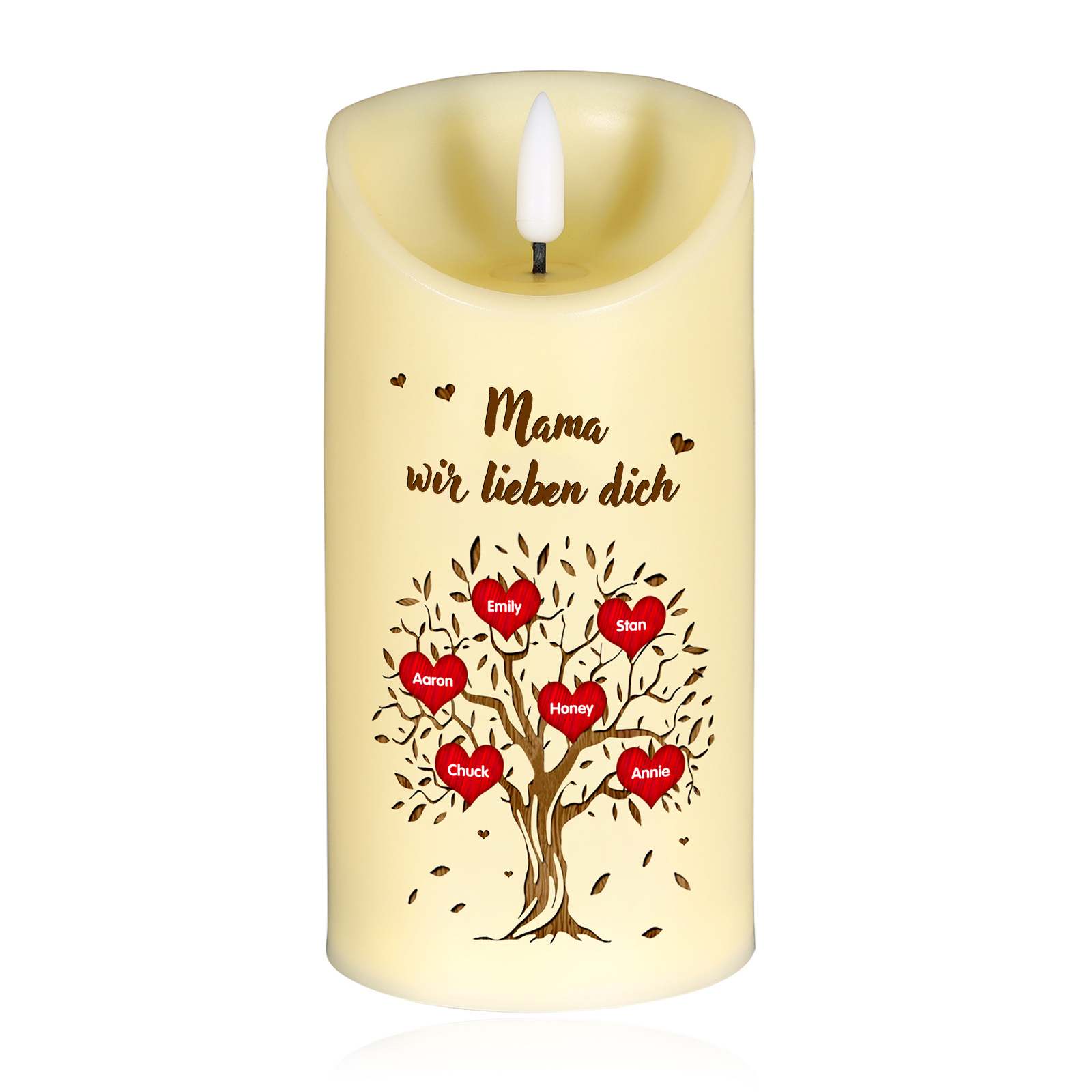 Personalisierbare LED-Kerze Baum mit 6 Namen & Text - Mama wir lieben dich