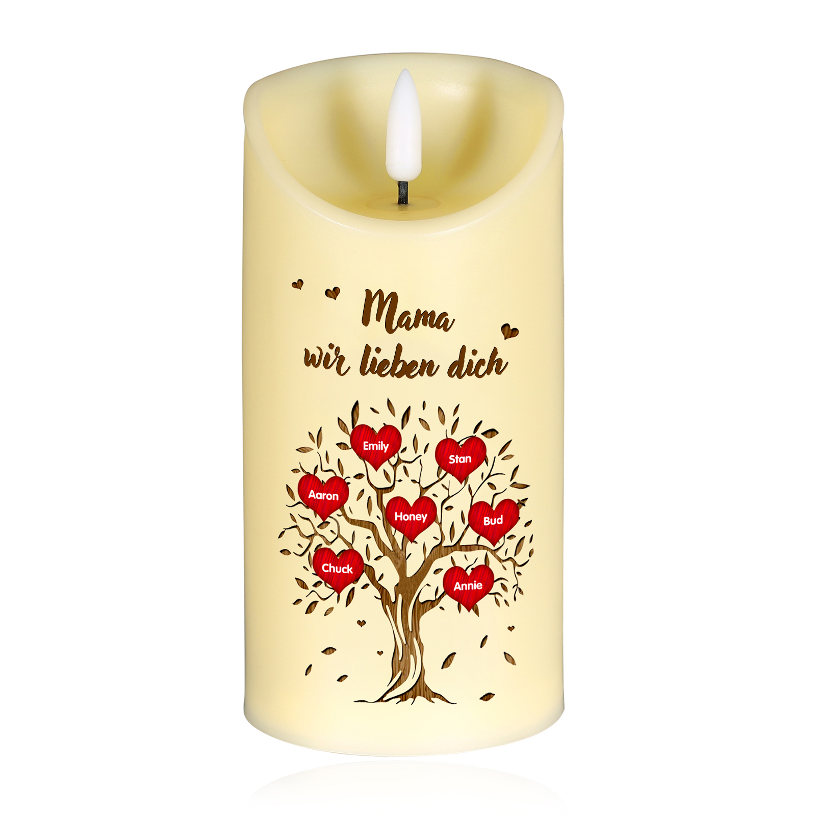 Personalisierbare LED-Kerze Baum mit 7 Namen & Text - Mama wir lieben dich