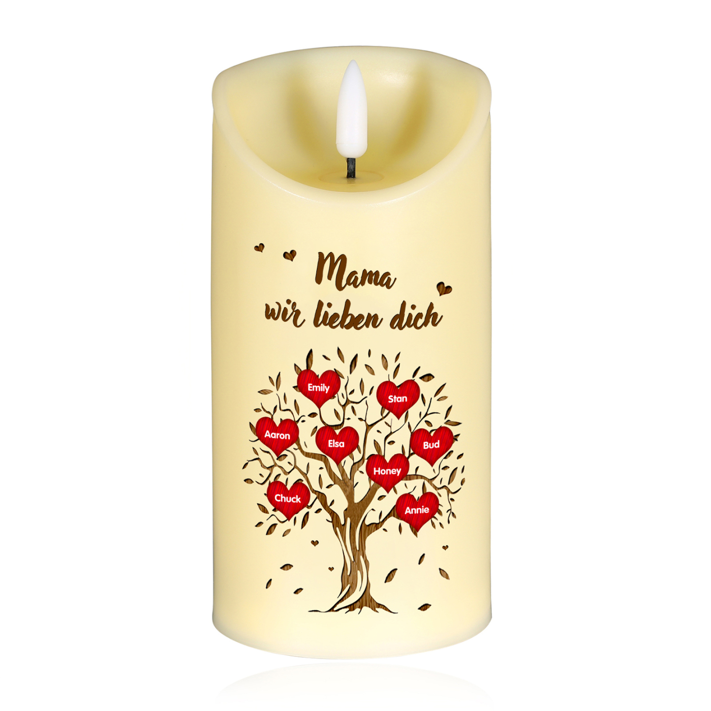 Personalisierbare LED-Kerze Baum mit 8 Namen & Text - Mama wir lieben dich