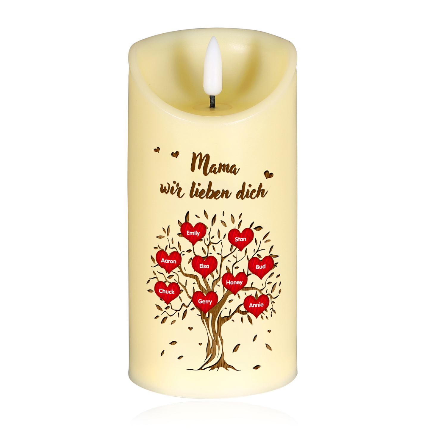 Personalisierbare LED-Kerze Baum mit 9 Namen & Text - Mama wir lieben dich