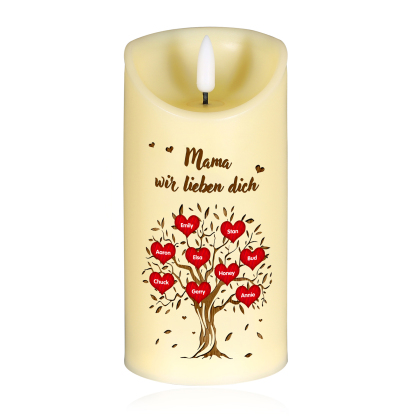 Personalisierbare LED-Kerze Baum mit 9 Namen & Text - Mama wir lieben dich