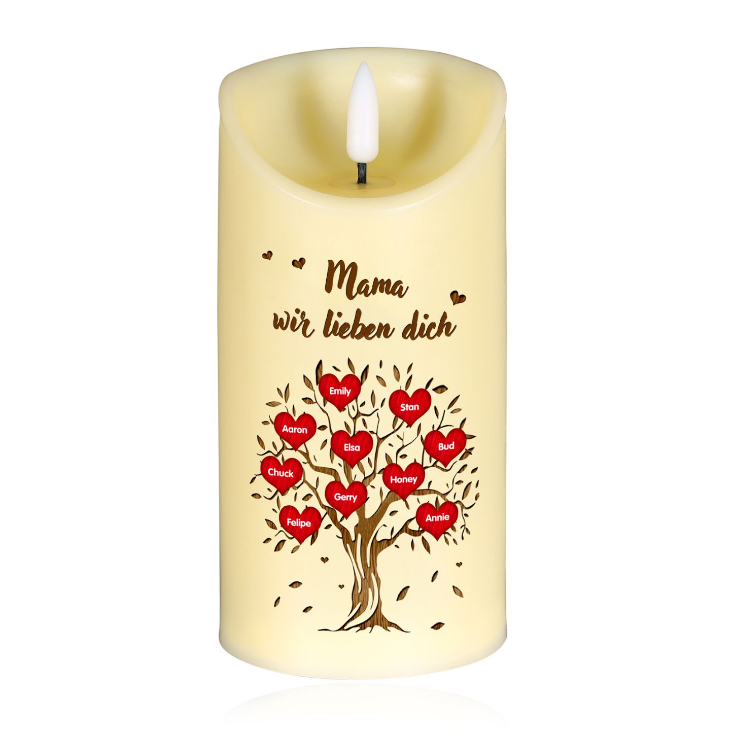 Personalisierbare LED-Kerze Baum mit 10 Namen & Text - Mama wir lieben dich