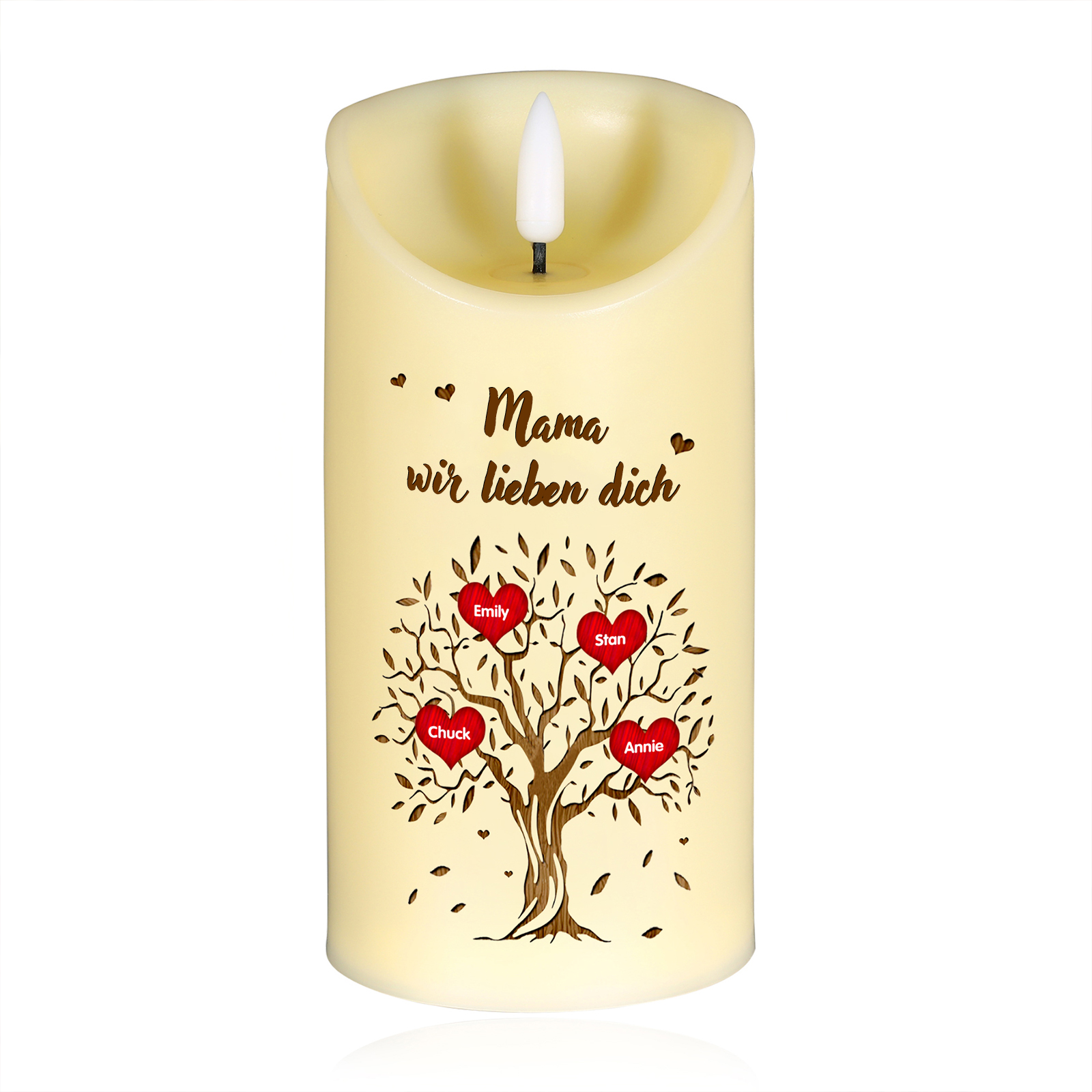 Personalisierbare LED-Kerze Baum mit 4 Namen & Text - Mama wir lieben dich