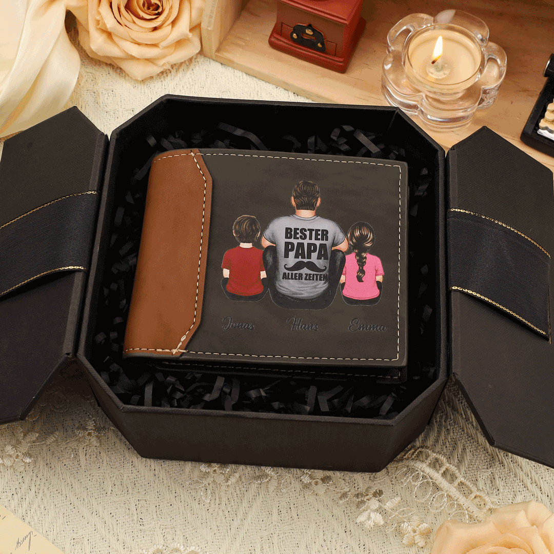 Personalisierte 1-7 Namen Familie Kinder mit Vater PU Leder Geldbörse