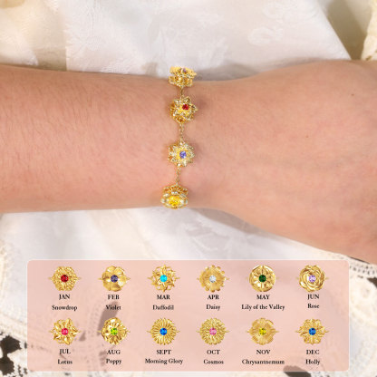 Personalisiertes Damenarmband mit 2-4 Geburtssteinen und Geburtsblumen, drehbares Armband für Damen