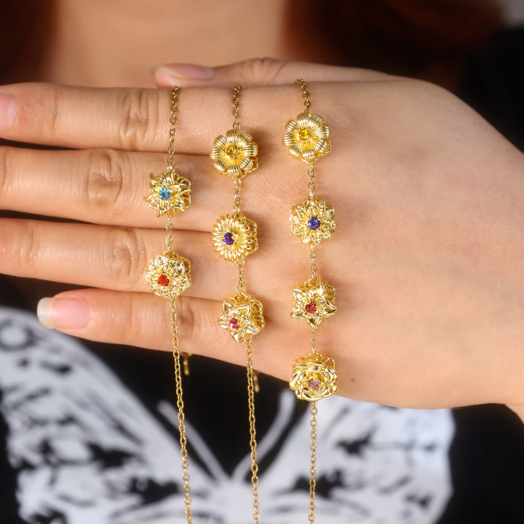 Personalisiertes Damenarmband mit 2-4 Geburtssteinen und Geburtsblumen, drehbares Armband für Damen