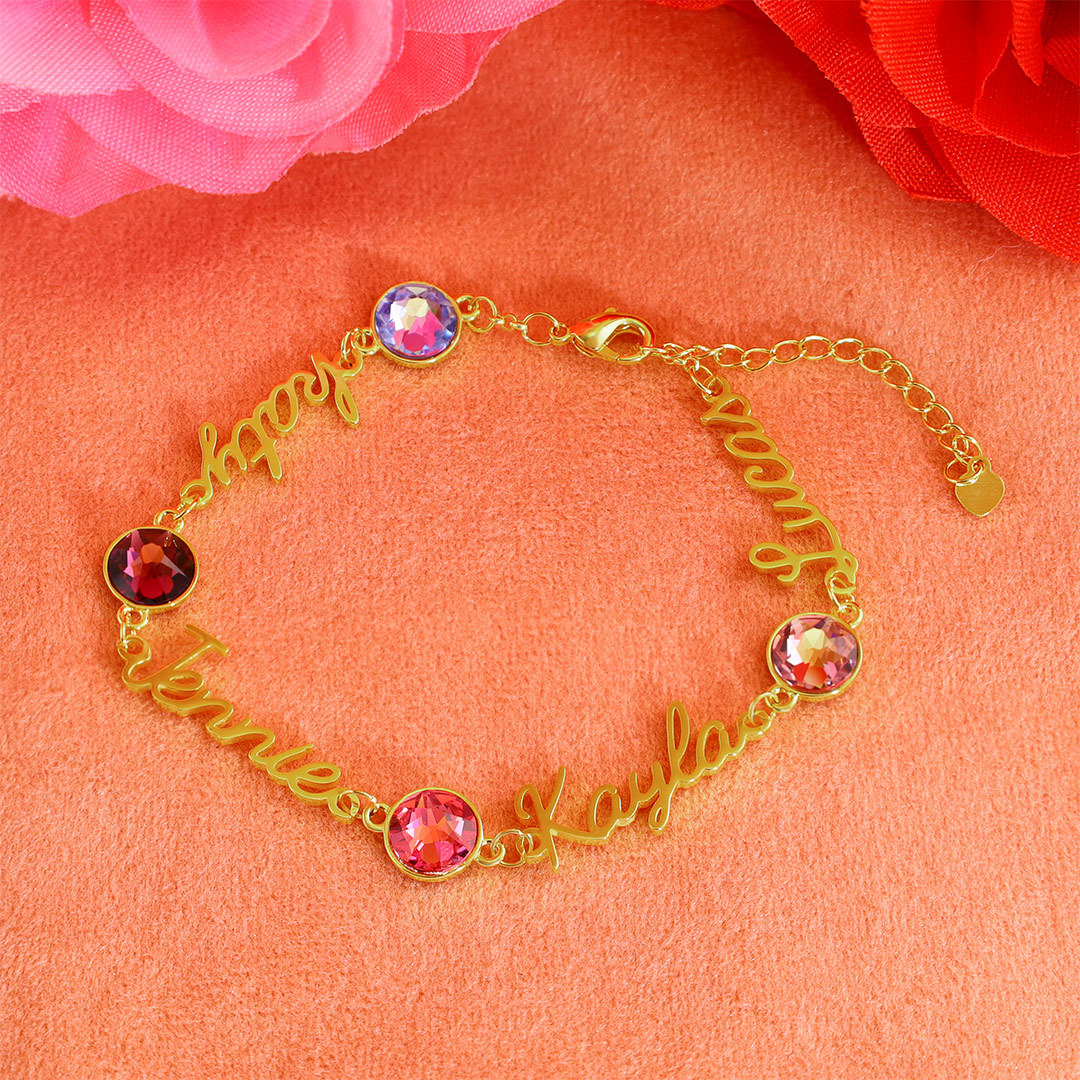 Personalisierte 4 Namen Armband mit 4 Geburtssteinen