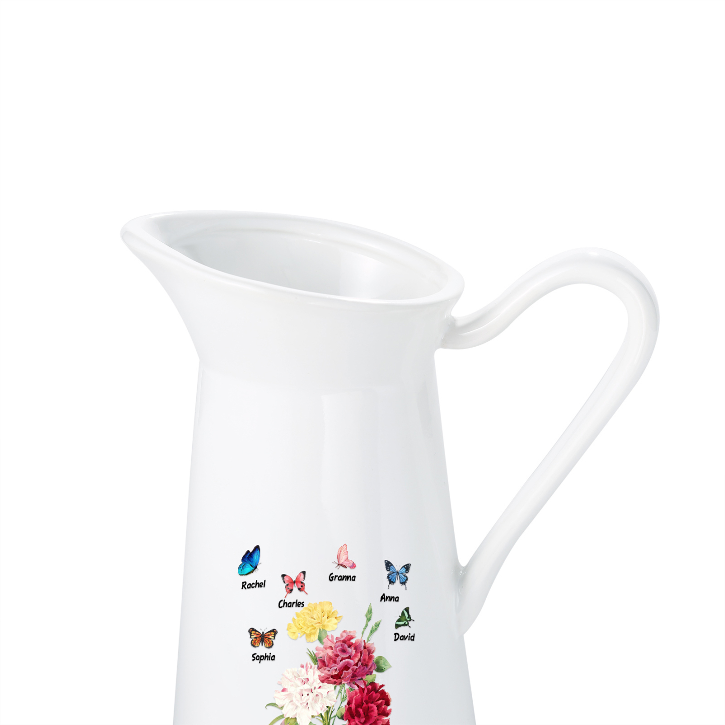 Personalisierte 6 Namen & Text Blumen & Schmetterling Gießvase mit Henkel Familie Vase