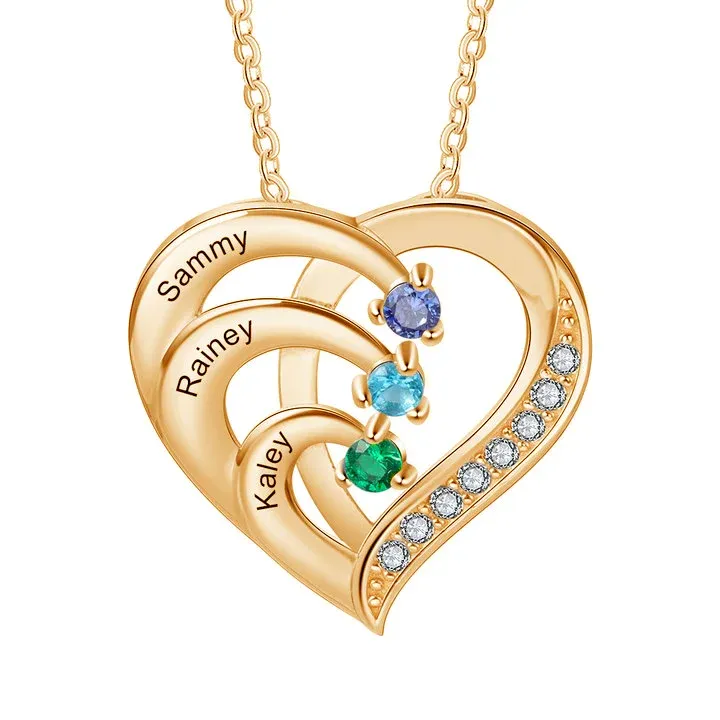 925 Sterling Silber Personalisierte 3 Namen Herz Halskette mit 3 Geburtssteinen