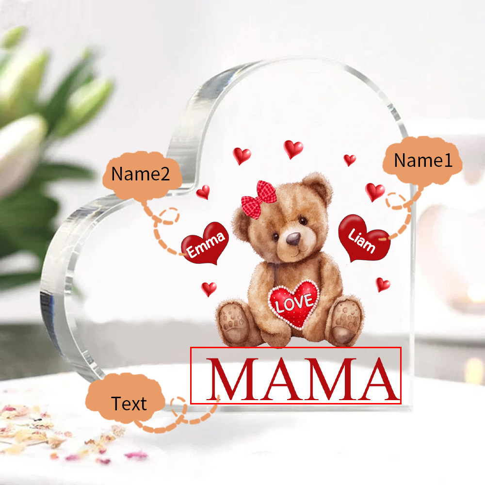 Personalisierte 2 Namen & Text Teddybär Herz Familie Acryl-Deko Schreibtischdekoration für Mutter