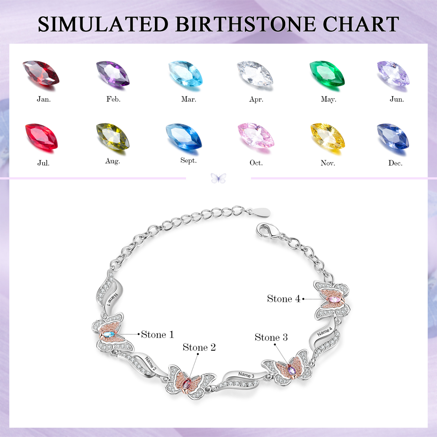 Personalisierte 4 Namen & 4 Geburtssteine Schmetterling Armband mit Zirkonia