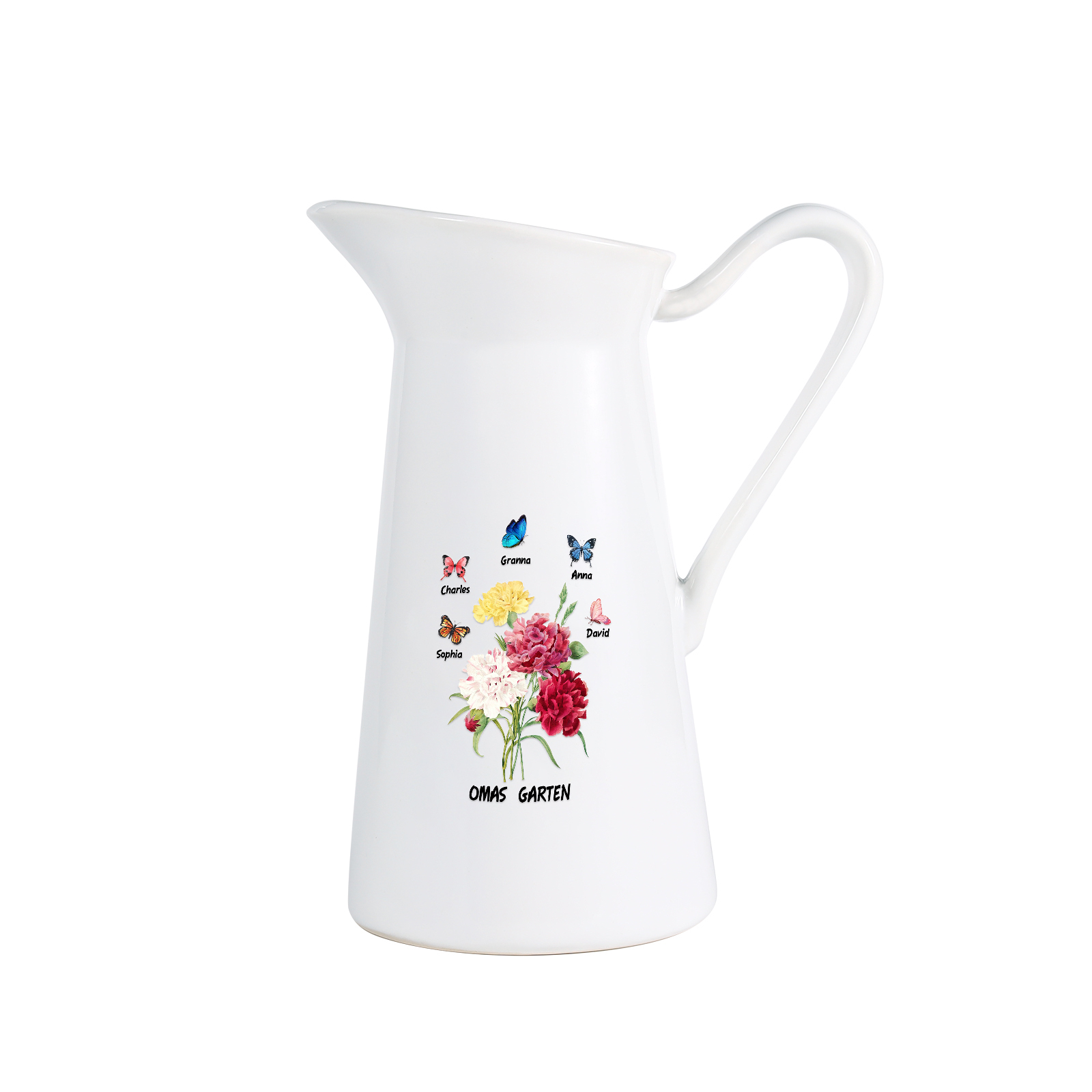 Personalisierte 5 Namen & Text Blumen & Schmetterling Gießvase mit Henkel Familie Vase