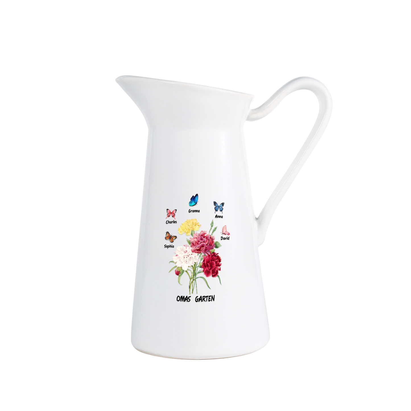 Personalisierte 5 Namen & Text Blumen & Schmetterling Gießvase mit Henkel Familie Vase