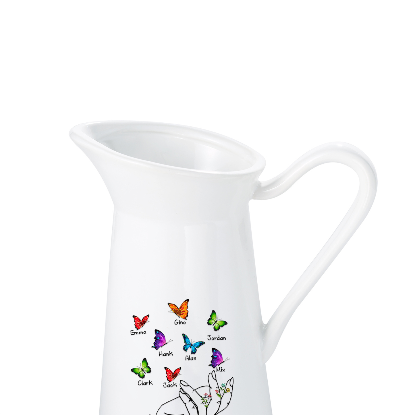 Personalisierte 8 Namen & Text Schmetterling in der Hand Gießvase mit Henkel Familie Vase