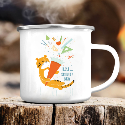 Emaille Tasse-Personalisierter Name Becher - 3,2,1 Schule ! - Geschenk zum Schulanfang