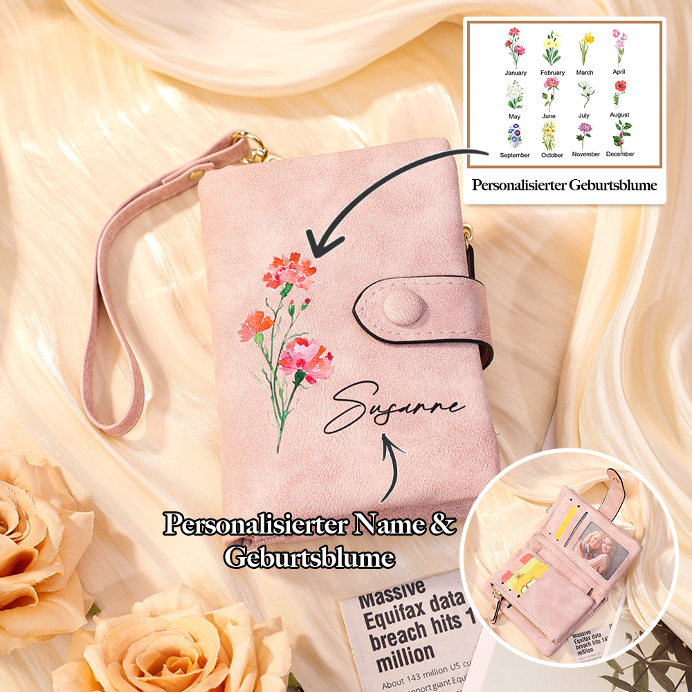Damen Personalisierter Name & Geburtsblume PU Leder Geldbörse