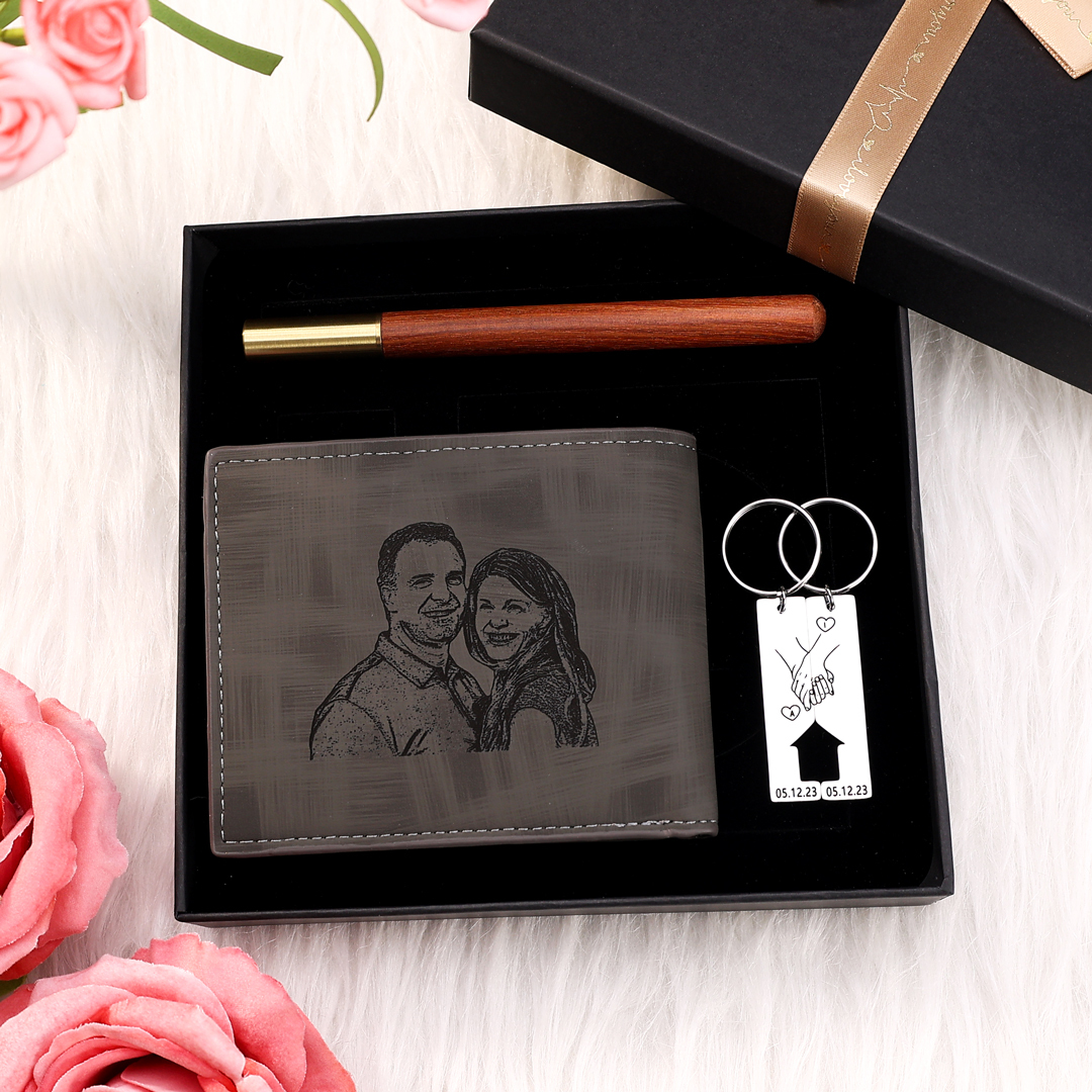 Personalisierte Foto & Text Geldbörse & Foto & 2 Buchstaben & Datum Schlüsselanhänger & Stift Geschenkpackung Geschenkset für Mann Freund