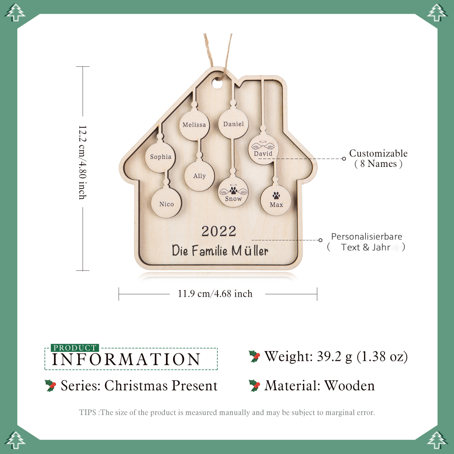 Holz Weihnachtsornament-Personalisiertes 8 Namen Text Jahr Haus Ornament Anhänger 