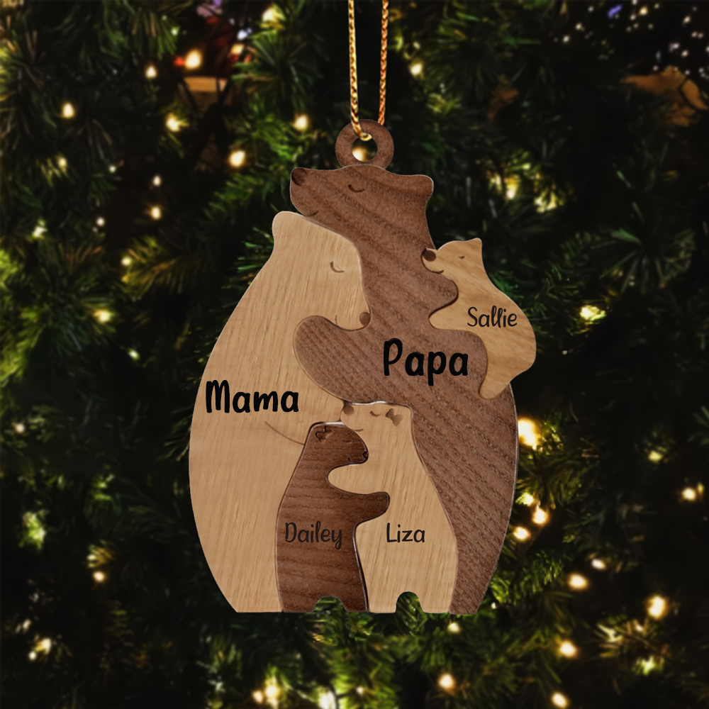 Holz Personalisierte 5 Namen Braunbär Weihnachtsornament mit 5 Familienmitgliedern