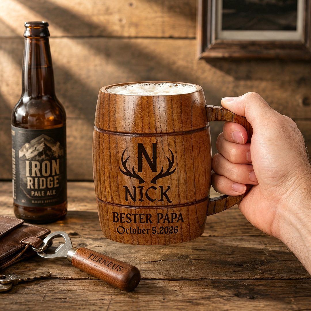 Personalisierter Bierkrug aus Holz mit Namen und Initialen Geschenk für Papa Bierliebhaber und Grillmeister