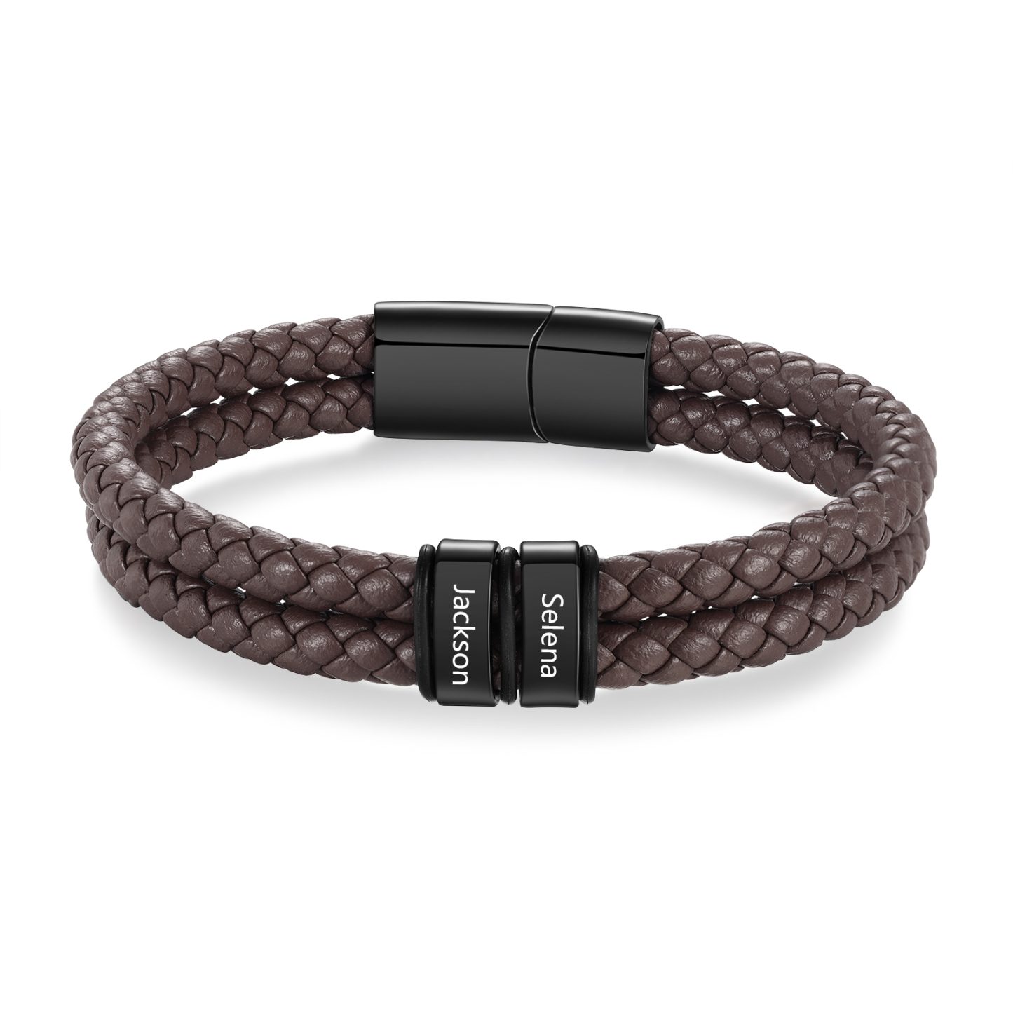 Herren Personalisierte 2 Namen Edelstahl Perle Braun Doppellagiges geflochtenes Leder Armband