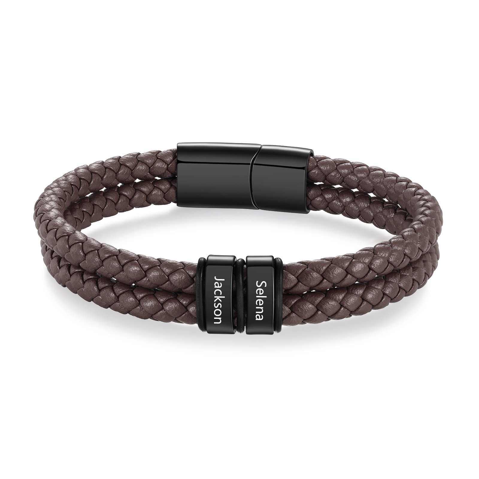 Herren Personalisierte 2 Namen Edelstahl Perle Braun Doppellagiges geflochtenes Leder Armband