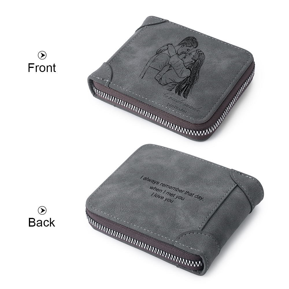 Benutzerdefinierte Foto gravierte Brieftasche mit Reißverschluss, Short Style - Graues Leder