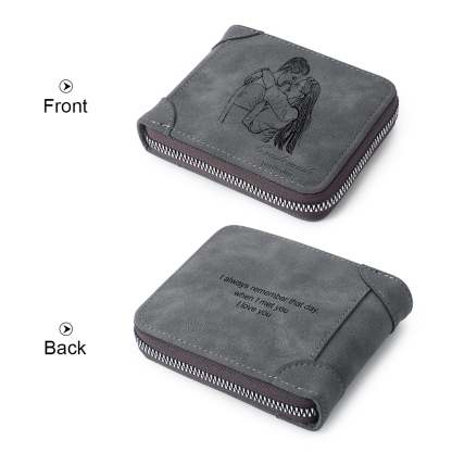 Benutzerdefinierte Foto gravierte Brieftasche mit Reißverschluss, Short Style - Graues Leder