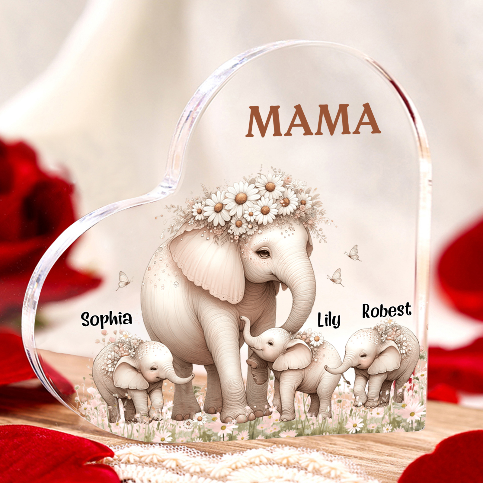 Personalisierte 3 Namen Herz Acryl-Deko Mama Elefant Schreibtischdekoration für Mutter