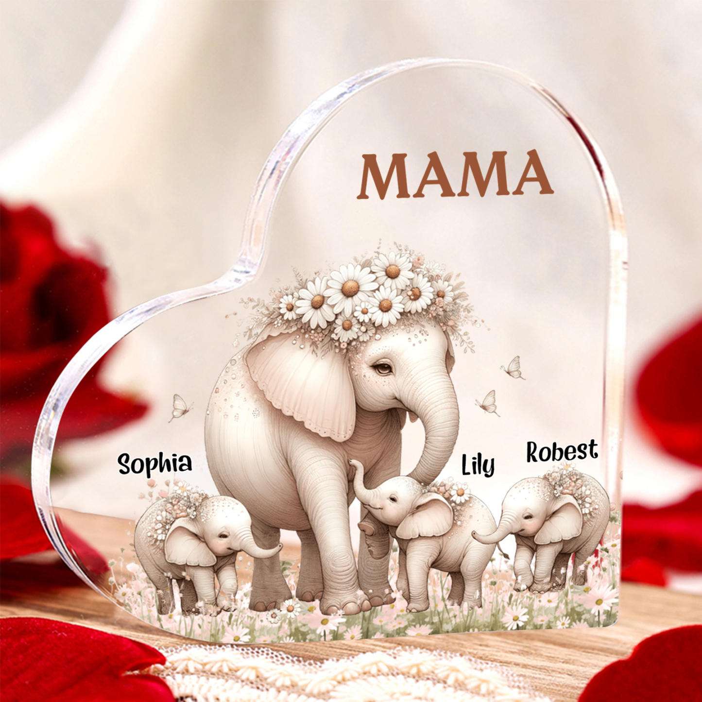 Personalisierte 3 Namen Herz Acryl-Deko Mama Elefant Schreibtischdekoration für Mutter