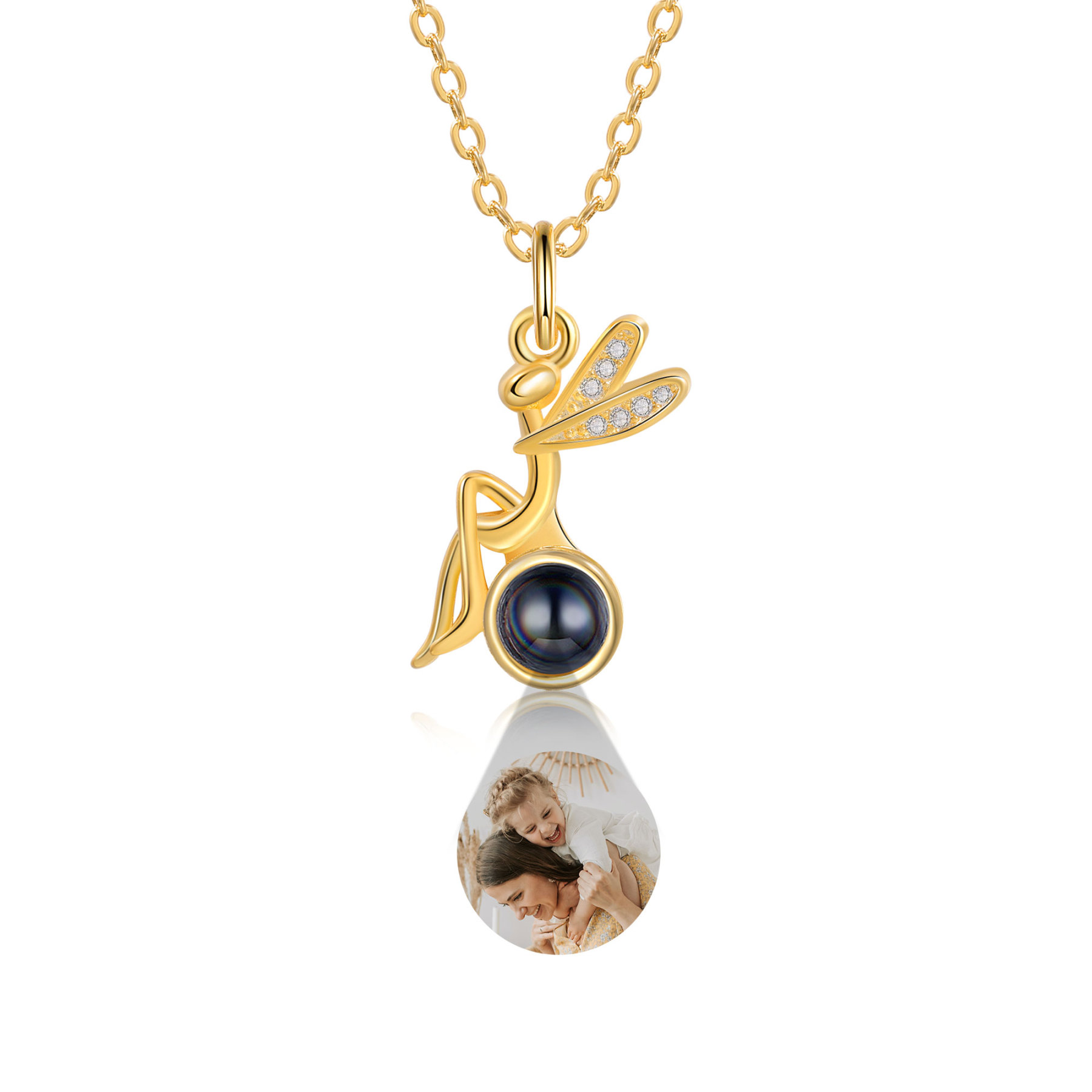 Personalisiertes Foto Libelle Projektion Golden Halskette mit Zirkonia