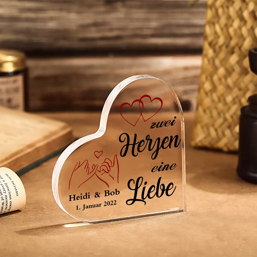 Personalisierte Text & Datum Acryl-Deko-Zwei Herzen eine Liebe-Schreibtischdekoration für Paar