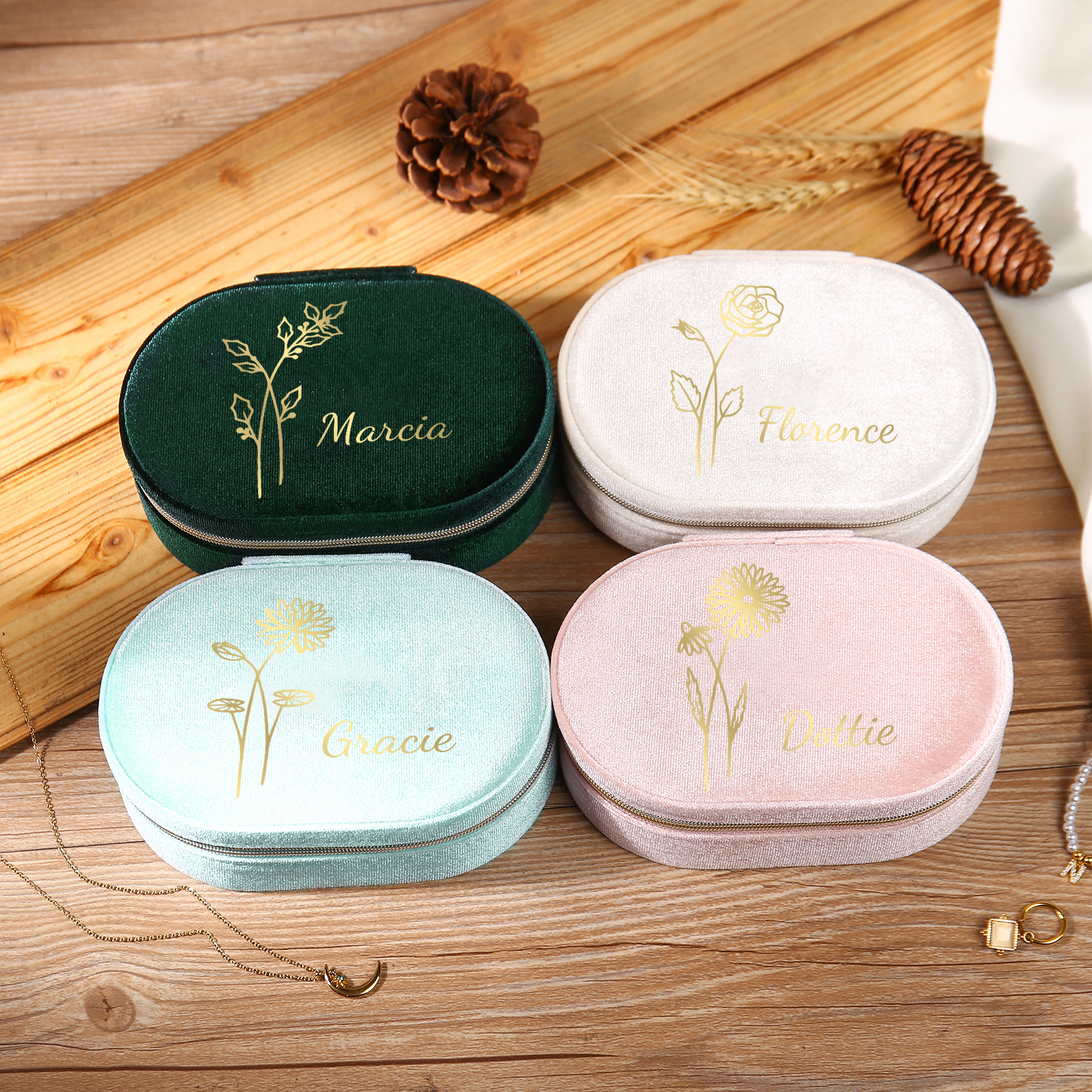Personalisierbarer Name & Geburtsblume Velvet Schmuckaufbewahrung Schmuckzubehör Aufbewahrungsbox für Schmuck