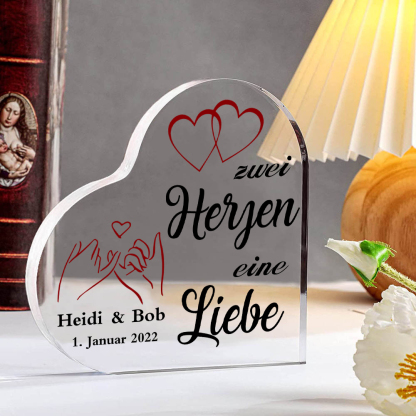 Personalisierte Text & Datum Acryl-Deko-Zwei Herzen eine Liebe-Schreibtischdekoration für Paar