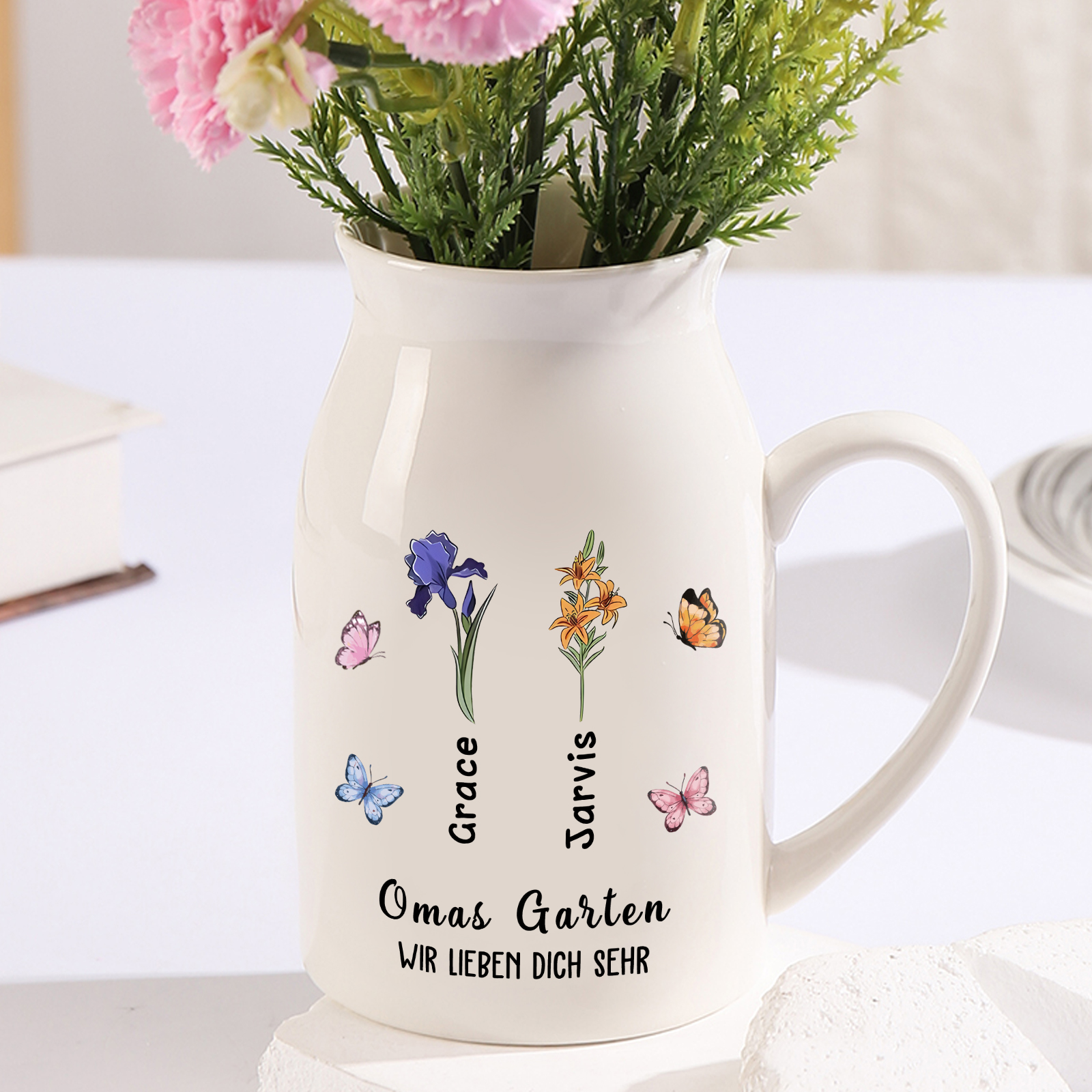 Personalisierte 2 Texte & 2 Namen & Geburtsblumen Familie Vase