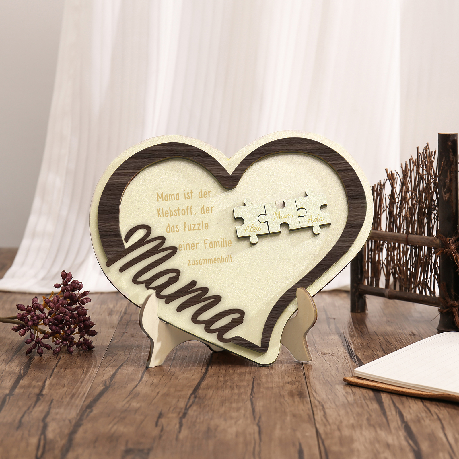 Holz Deko-Personalisierbare 3 Namen Ornament -Mama ist der Klebstoff. der das Puzzle einer Familie zusammenhält- Herz Holzdekoration für Mutter